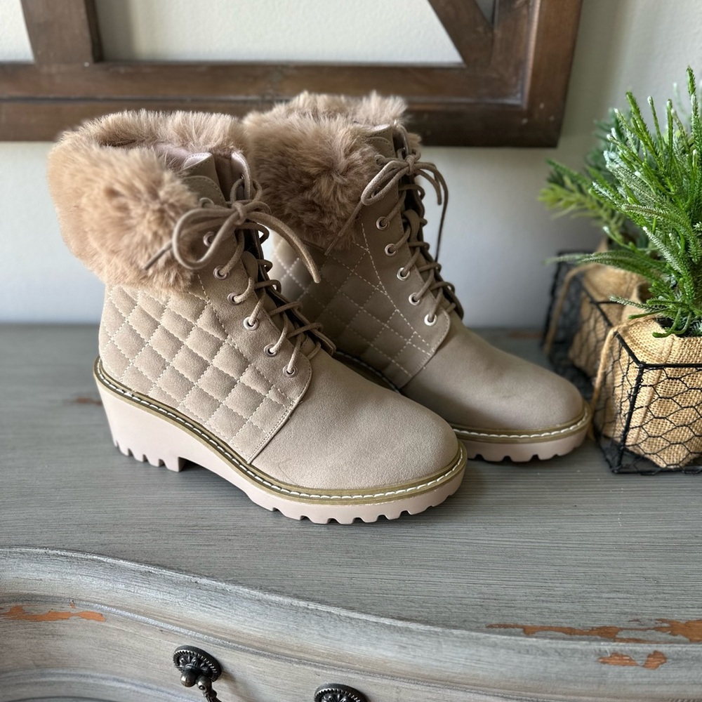 Women's Tan Nicole Millet Quilted faux Fur-Lined Boots